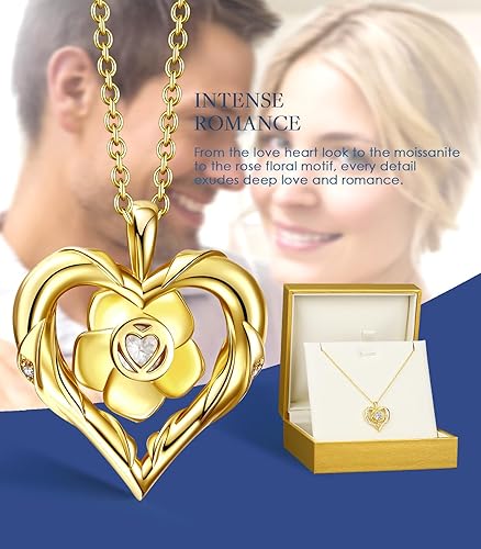 Rose Flower Heart Moissanite Necklace – S925 Sterling Silver with 18K Gold Plating