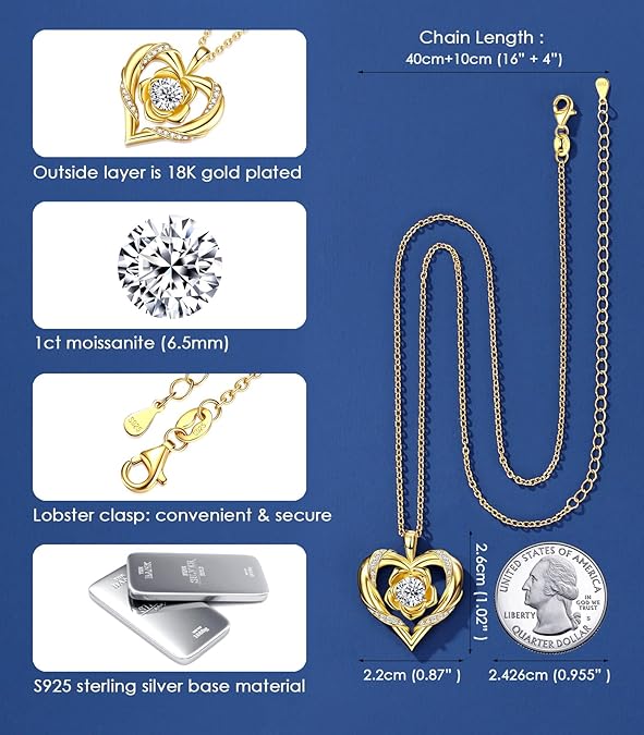 Rose Flower Heart Moissanite Necklace – S925 Sterling Silver with 18K Gold Plating
